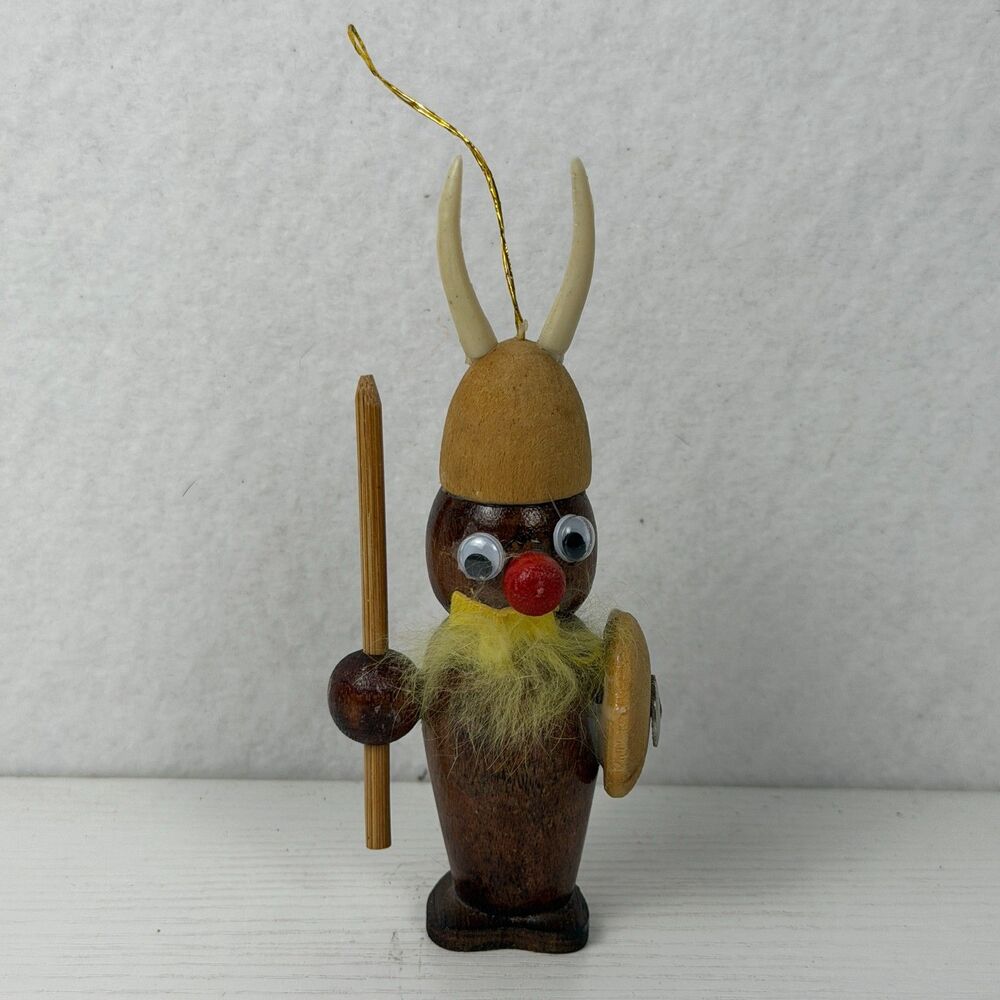 1950s Wooden Viking Gonk Ornament Spear Shield Scandinavian Folk Art MCM vintage